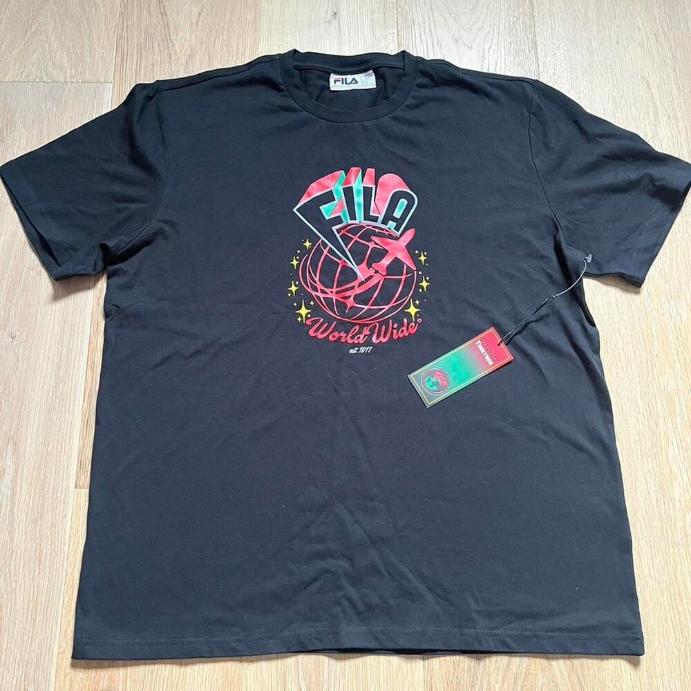 NWT! FILA worldwide black graphic tee with red accents Size L